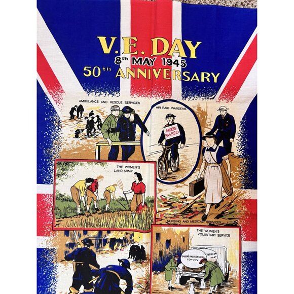 V.E. Day 50th Anniversary 8th May 1945 Commemorative Linen The Home Front Print - Picture 2 of 10